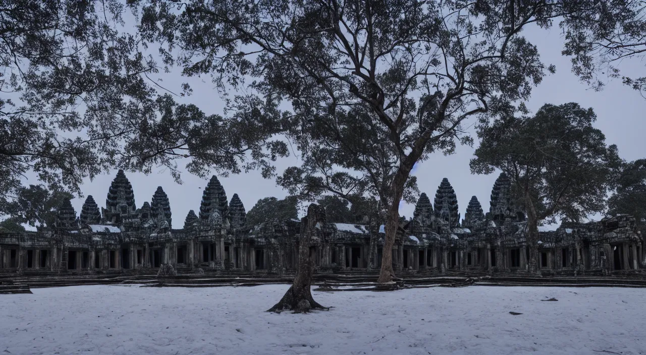 Prompt: Angkor Wat ruins covered in snow, dramatic dawn cinematic lighting, hyper photorealistic, close detail, interior,