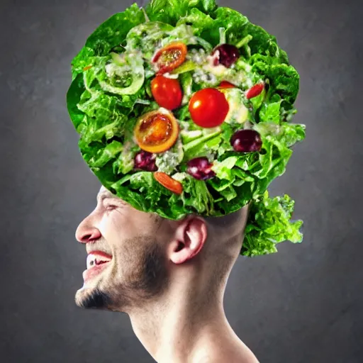 Prompt: a human with salad as their head, laughing, digital art