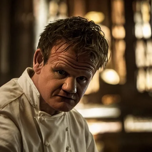 Prompt: gordon ramsey as ramsay bolton in game of thrones, 4 k, epic, cinematic, focus, movie still, fantasy, serious, extreme detail, atmospheric, dark colour, sharp focus