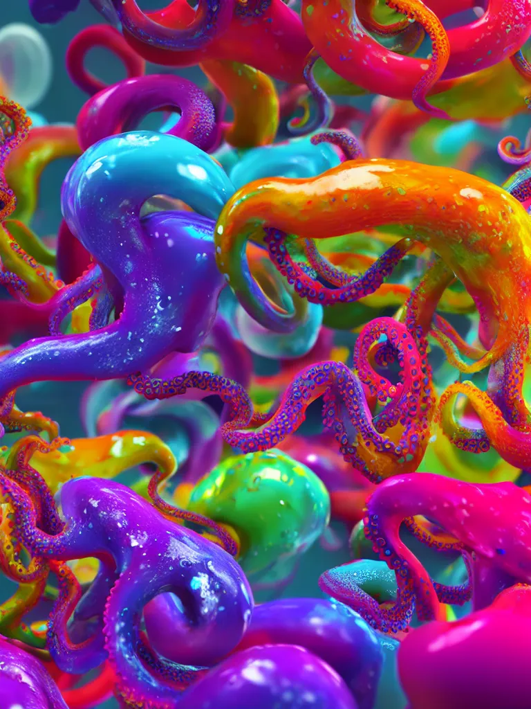 Prompt: colorful liquid octopus tentacles, beeple, octane render, hyper detailed painting, particles, bubbles