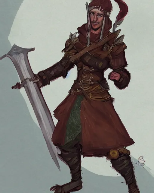 Prompt: a concept art of a D&D character, holding a sword made by Donutello