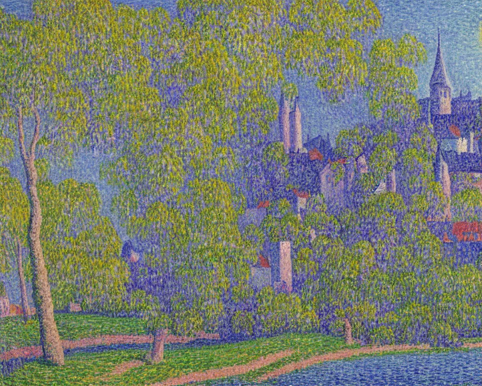 Prompt: pastel landscape painting of a chateau on top of a by Paul Signac.