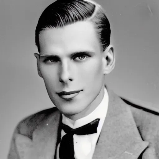 Image similar to A photograph portrait of Jerma985 wearing a suit with short slicked hair in the early 1930s, taken in the early 1930s, grainy, taken on a early 1930s Kodak Camera, realistic, hyperrealistic, very realistic, highly detailed, very detailed, extremely detailed, detailed, digital art, trending on artstation