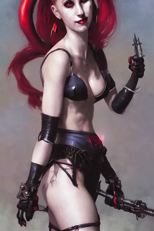 Image similar to portrait of succubus Harley Quinn in bikini armor, dc comics, cyberpunk, Warhammer 40000, dark fantasy, digital art from artstation by Ruan Jia and Mandy Jurgens and Artgerm and william-adolphe bouguereau