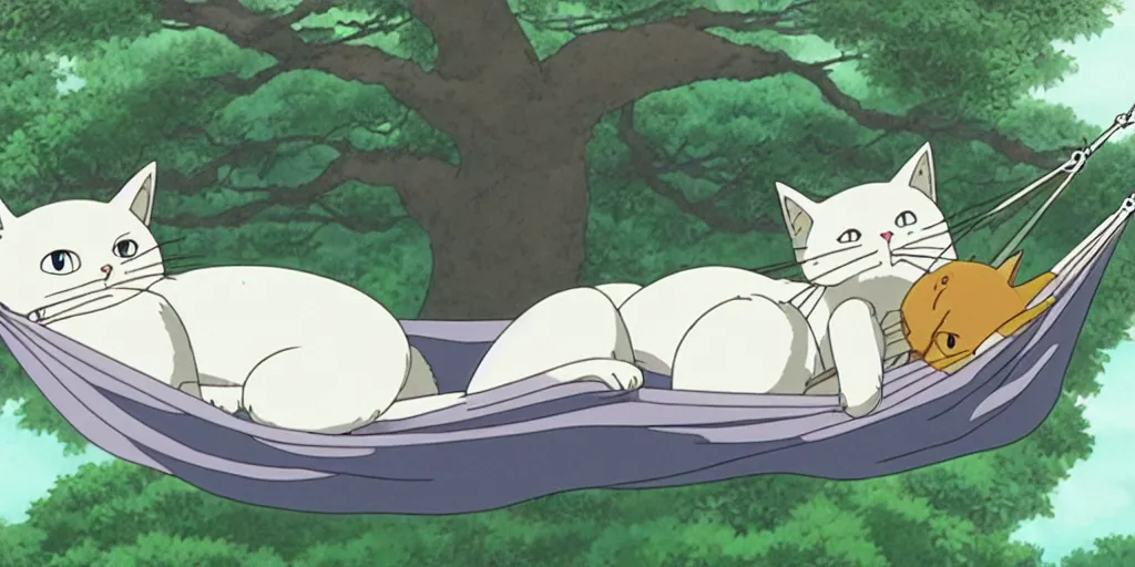Prompt: grey european shorthair cat sleeping on a hammock, anime still by studio ghibli, by hayao miyazaki