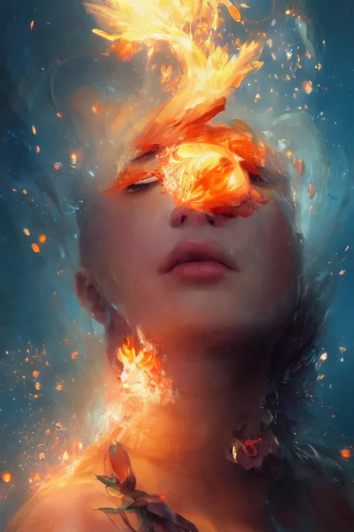 Prompt: abstract face closeup of beautiful girl covered with fire and water, 3 d render, hyper realistic detailed portrait, holding magic flowers, ruan jia, wlop. scifi, fantasy, hyper detailed, octane render, concept art, by peter mohrbacher, by wlop, by ruan jia