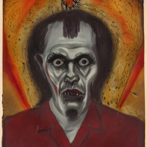 Image similar to portrait of alexander abdulov, with a red eyes, satanic body, head of old man, in blood of sinners, hellish style