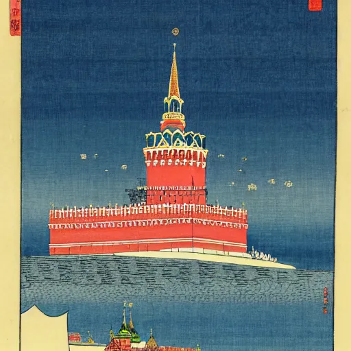 Image similar to moscow kremlin by haruyo morita, highly detailed, artistic masterpiece, by katsushika hokusai, by utagawa hiroshige, by kitagawa utamaro, by ohara koson