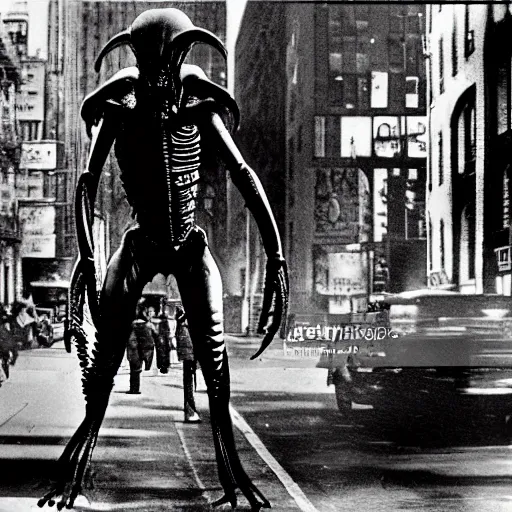 Image similar to old black and white photo, 1 9 1 3, depicting a xenomorph from the movie aliens rampaging through the bustling streets of new york city, historical record