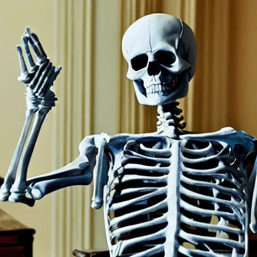Prompt: detailed, skeleton wearing suit made of glass, sitting behind a baroque desk in a royal office, film