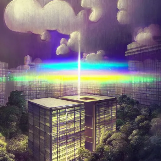 Prompt: intricately patterened modern architecture concept computer world still shining through faintly rainbow led lights, beautiful surreal scenery artwork pixiv. gigantic architectural modern design node network of cloud computing soul dust. unthinkable dream cloud computer infinites. sublime god lighting, sun rays, cold colors. insanely detailed, artstation!! pixiv!! infinitely detailed