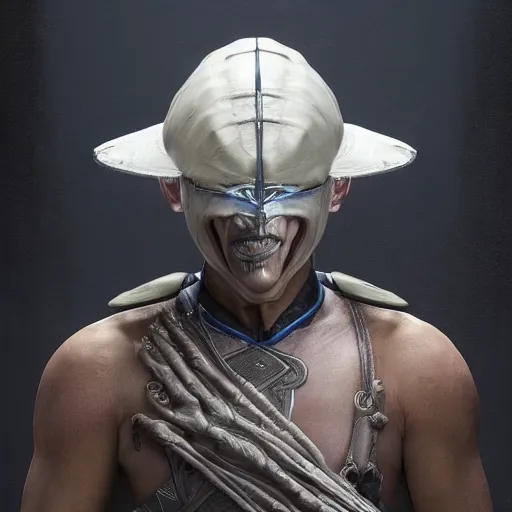 Image similar to hyper realistic, highly detailed hybrid of raiden from mortal kombat, and raiden from metal gear solid wearing an asian conical hat. portrait, stephen bliss, unreal engine, greg rutkowski, beeple global illumination, translucent, sub - surface scattering, detailed and intricate environment