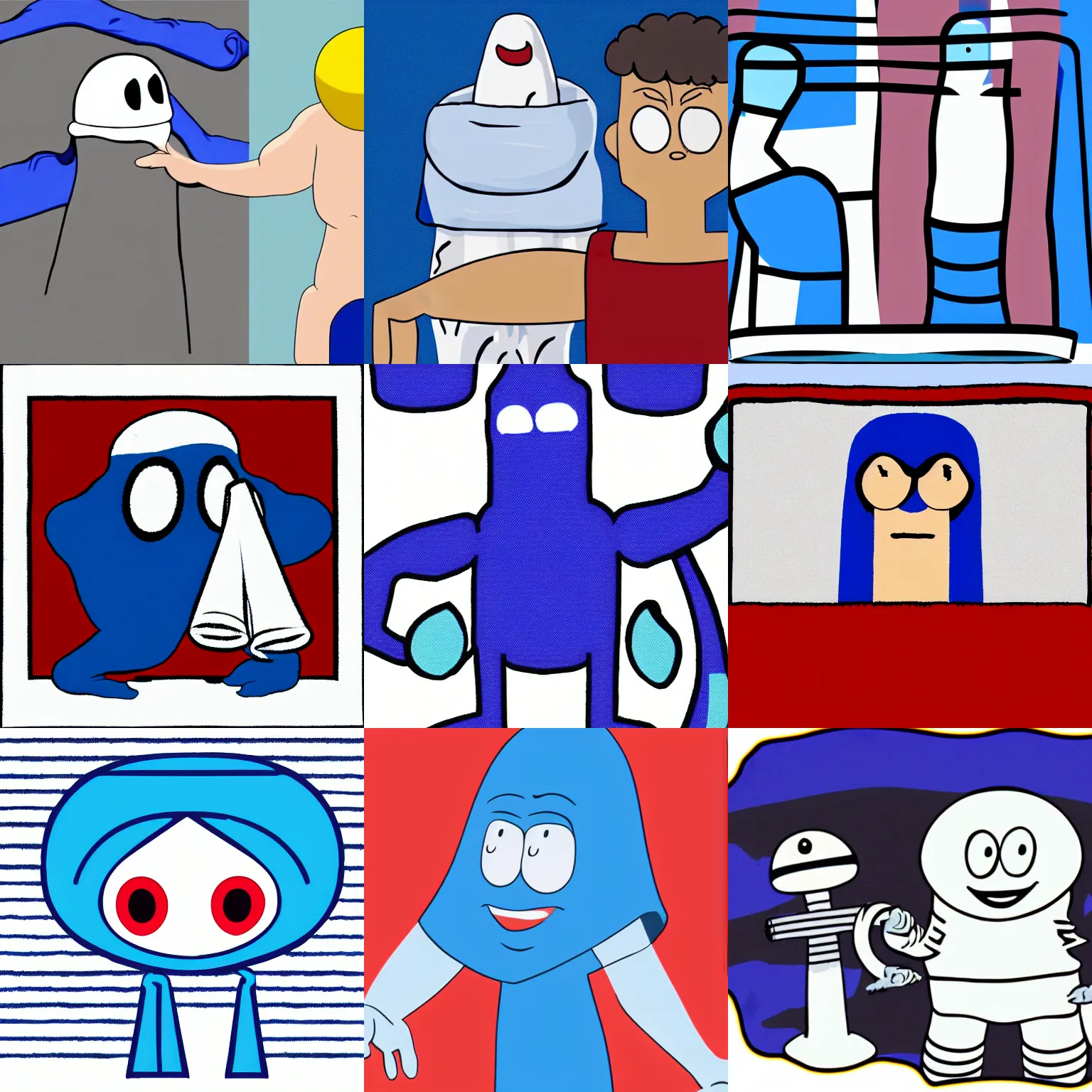 Prompt: A sentient blue towel with a small face and giant humanoid arms, cutout animation, white stripes along the top and bottom edges of the towel