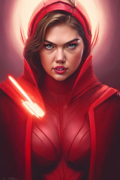 Image similar to kate upton as scarlet witch, realistic portrait, symmetrical, highly detailed, digital painting, artstation, concept art, smooth, sharp focus, illustration, cinematic lighting, art by artgerm and greg rutkowski and alphonse mucha