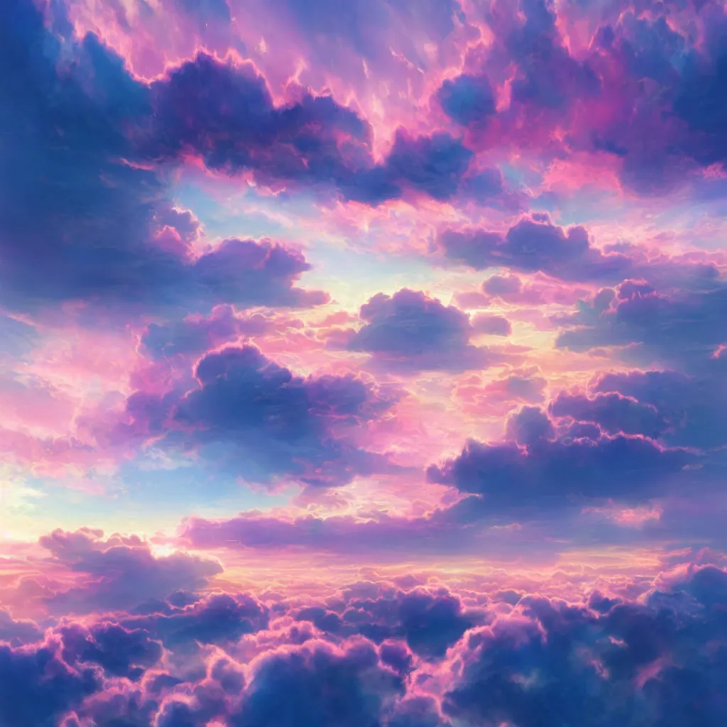 Image similar to sunrise sky over the cloud layer, blue and pink accents, matte bright highly detailed, epic, 3D render, digital art, artstation, 8K artistic photography, photo-realistic, by Hiroya Oku, Jenny Seville, Salvador Dali, Francis Bacon, WLOP