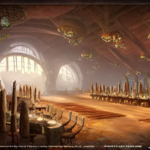 Prompt: interior of the banquet hall in the tribal cloud village, fantasy concept art, 4k