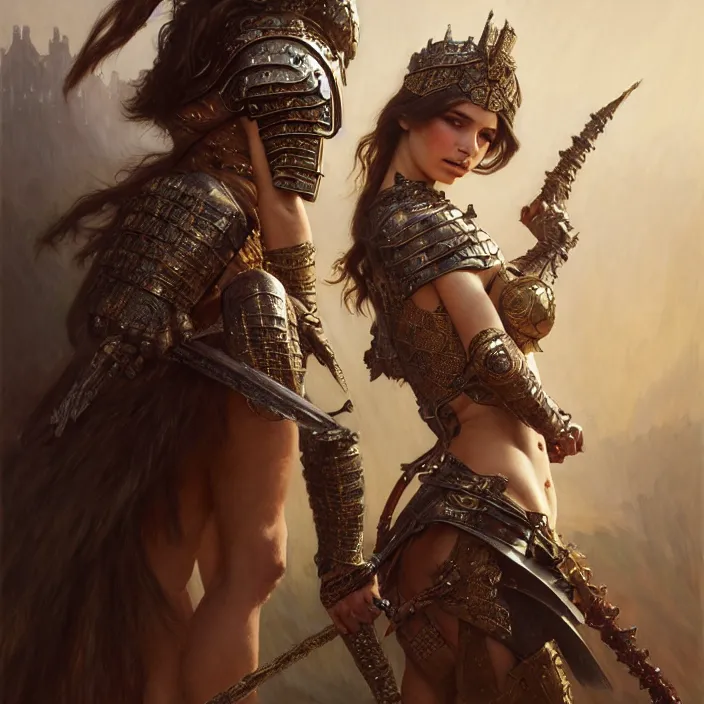 Prompt: Ancient queen Emily Ratajkowski wearing heavy armor, diffuse lighting, fantasy, intricate, elegant, highly detailed, lifelike, photorealistic, digital painting, artstation, illustration, concept art, smooth, sharp focus, art by John Collier and Albert Aublet and Krenz Cushart and Artem Demura and Alphonse Mucha