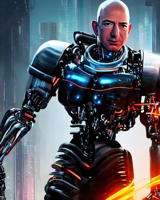 Image similar to portrait of Jeff Bezos as a sophisticated and intricate biomechanical Terminator, fantasy cyberpunk, Unreal Engine, hyper detailed, cinematic post-processing