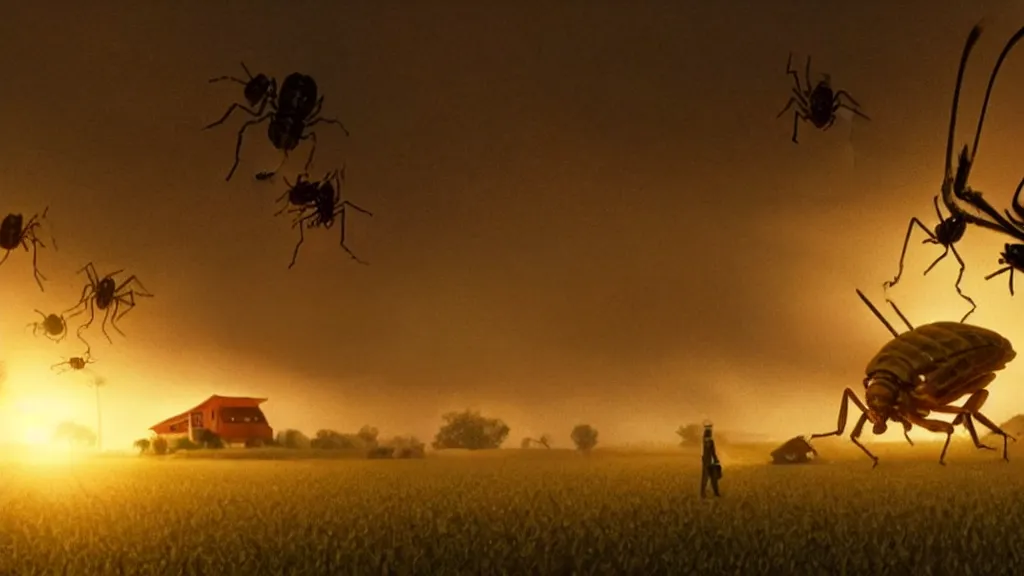 Prompt: giant insects terrorize a farm house, film still from the movie directed by Denis Villeneuve, golden hour