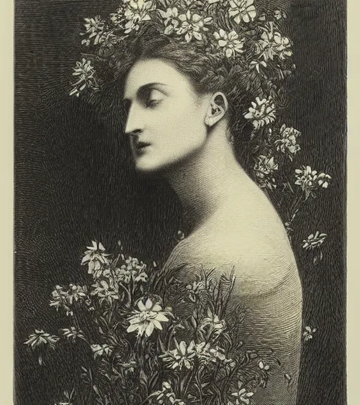 Image similar to black and white, extreme close-up, dark light, woman face in flowers, Gustave Dore lithography