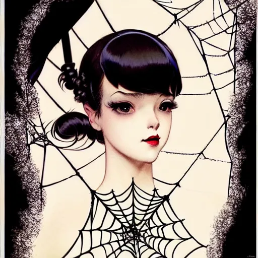 Image similar to portrait of an absurdly graceful, elegant, sophisticated, fashionably dressed, emo girl enveloped in spider web, by norman rockwell, range murata, pixar, studio ghibli, intricate line work, beautiful, trending on pinterest, artstation 8 k