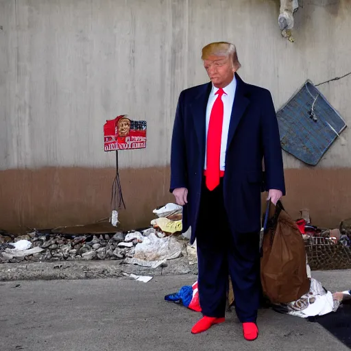 Image similar to donald trump dressed as a homeless man living in the slums