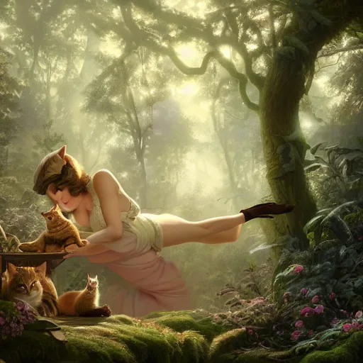 Prompt: a fairytale forest full of cats, light and shadow, by Gil Elvgren and artgerm, WLOP, Felix Kelly and Greg Rutkowski and Gerardo Dottori, high detail, precision detail
