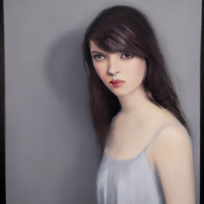 Image similar to alla prima portrait painting of young woman with dark hair, dark beige grey background, lights and shadows, beautiful composition