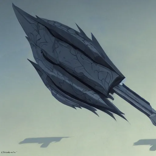 Prompt: concept art of a large space vessel in the shape of an spear by chriss foss