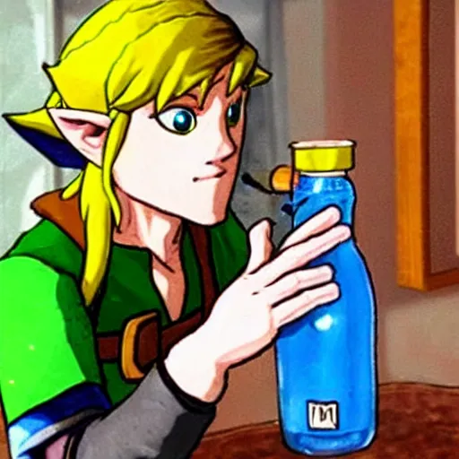 Image similar to link aggressively drinks milk from a bottle, legend of zelda