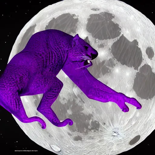 Prompt: closeup of a purple panther roaring at the moon. forest. night. large moon in the center. trending on artstation. cinematic. photoreal. dark colors.