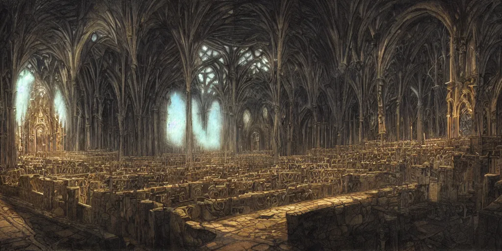 Image similar to Artwork by John Howe of the cinematic view of the Sanctuary of the Executioner.