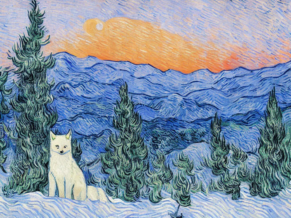 Prompt: a beautiful painting of a white fox in a fir trees forest, snowy mountains landscape in the background at sunset, a plane flying in the sky, by van gogh and pablo picasso, trending on artstation,