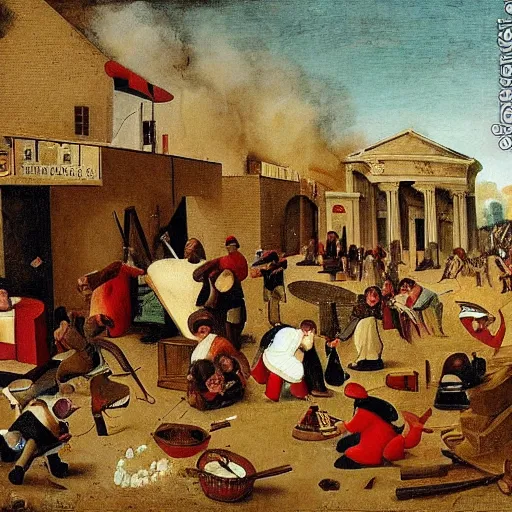 Prompt: a group of politicians partying in washington dc, the city is burning the politicians are throwing money everywhere some smoking cigars, in the style of bruegel