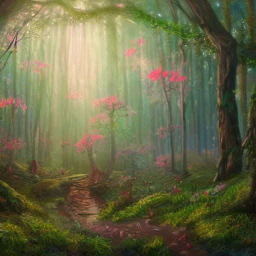 Prompt: may 1 0, 1 9 9 2, iridescent fairy forest, beautiful oil painting, trending on artstation, hyperdetailed, cinematic lighting