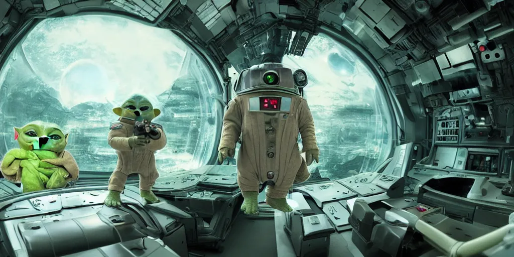 Image similar to a 3 d rendered movie still, wide - angle shot, 1 0 0 meter in the distance, baby yoda wearing a spacesuit, and exploring cosmos in a super awesome space ship. dramatic lighting, imax, 7 0 mm. science fiction blockbuster movie, silent running.