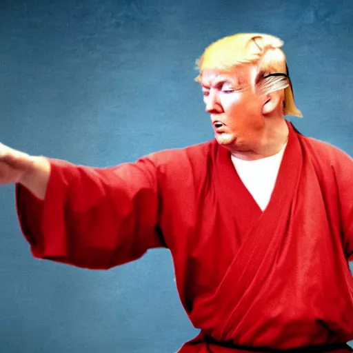 Image similar to film still from The 36th Chamber of Shaolin, Master Donald Trump fights Obama Killer