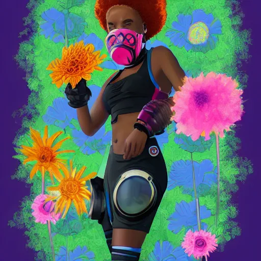 Image similar to a young black girl with colorful afro puffs wearing a gas mask in a field of flowers, Apex Legends character, digital illustration portrait design, by amanda sage and adi granov, retrowave color scheme, detailed, cinematic lighting, wide angle action dynamic portrait