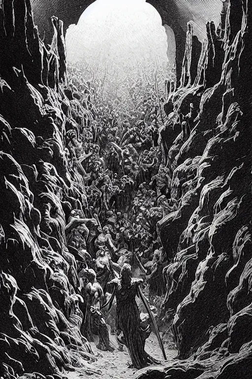 Image similar to colorful!!! dante inferno by laurie greasley and bouguereau, ( ( etching by gustave dore ) ), ultraclear intricate, sharp focus, highly detailed digital painting illustration, concept art, masterpiece