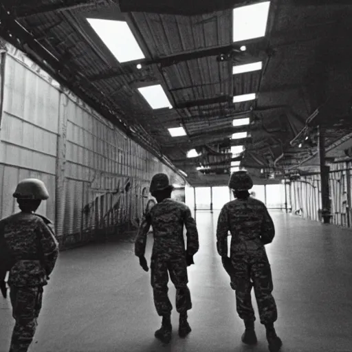 Image similar to soldiers searching through a hangar, 1 9 8 7, dim lighting, movie still