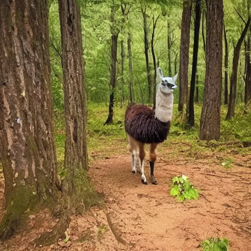 Prompt: llama in a forest, trail cam footage, night, gloomy