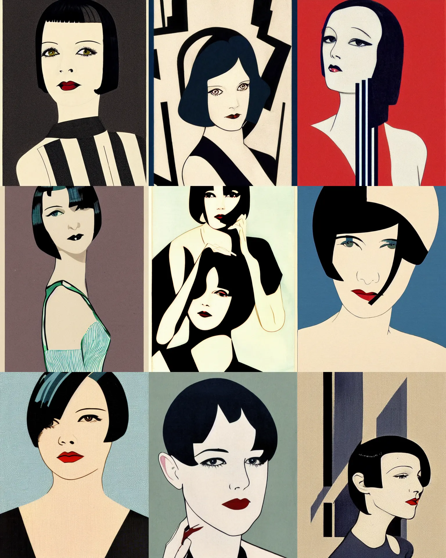 Prompt: mary louise brooks 2 0 years old, bob haircut, portrait by patrick nagel, 1 9 2 0 s, straight lines, art deco stripe pattern, right angles