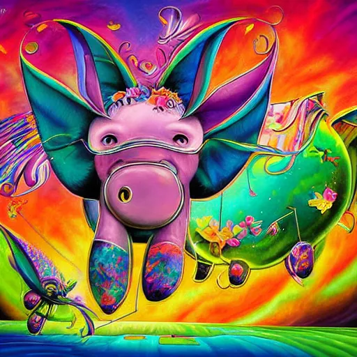 Image similar to lisa frank flying pigs painting by android jones