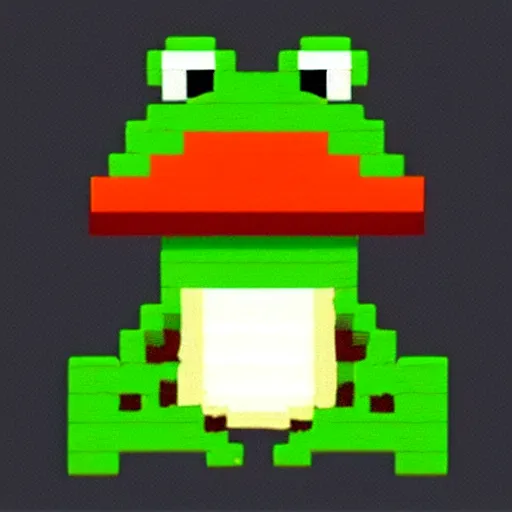 Prompt: cute frog with a mushroom hat, pixelart