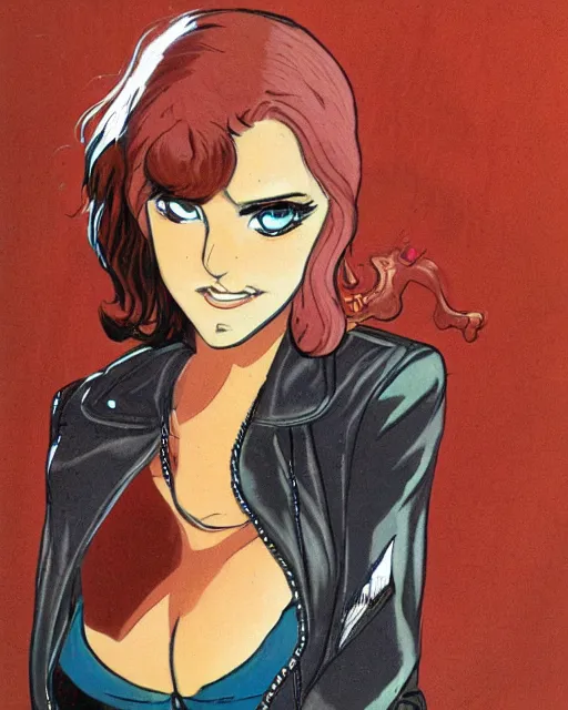 Image similar to young female protagonist in leather jacket, city street, artwork by ralph bakshi