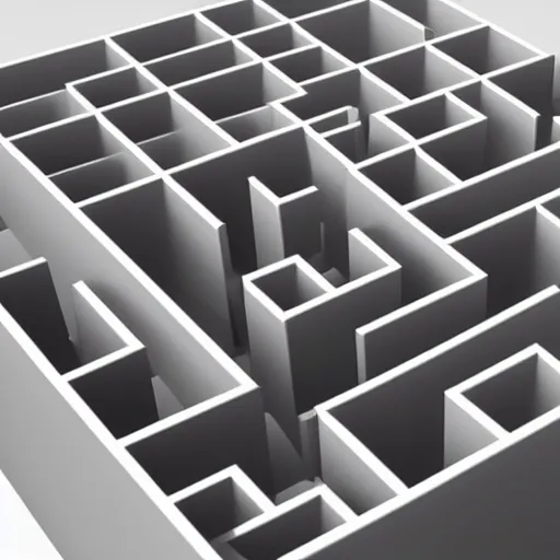 Prompt: 3D render of a 3-dimensional cubic maze made out of metal, white background,