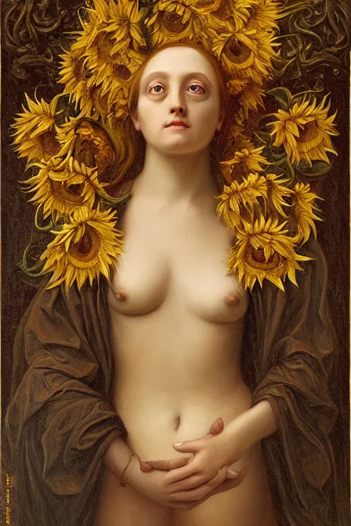 Image similar to hyper realistic painting portrait of the lady of sunflowers, occult diagram, elaborate details, rococo, baroque, gothic, intrincate ornaments, gold decoration, caligraphy, occult art, illuminated manuscript, oil painting, art noveau, in the style of roberto ferri, gustav moreau, jean delville, bussiere, andrew gonzalez, jim harter