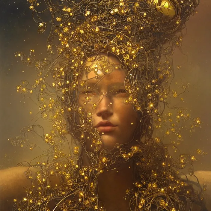 Prompt: hyperrealist portrait of a 2 0 4 4 space sport engineer, it is decorated with long gold wires and gold flowers that fall like vines and wears a huge computer crown. by jeremy mann and alphonse mucha, fantasy art, photo realistic, dynamic lighting, artstation, poster, volumetric lighting, dramatic light, very detailed faces, 8 k, award winning