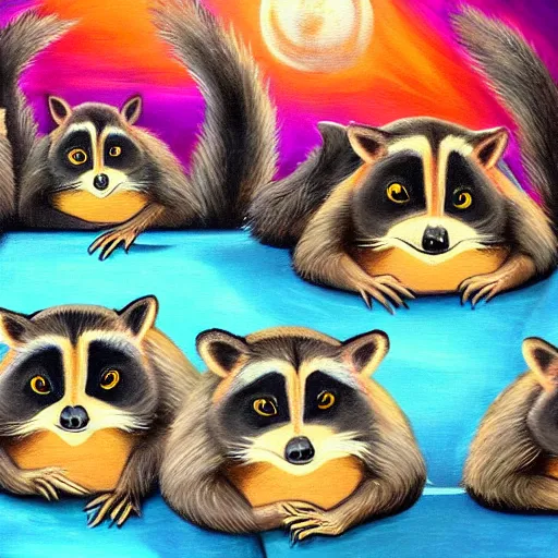 Image similar to a painting of a gang of racoons in the bowling alley, causing trouble