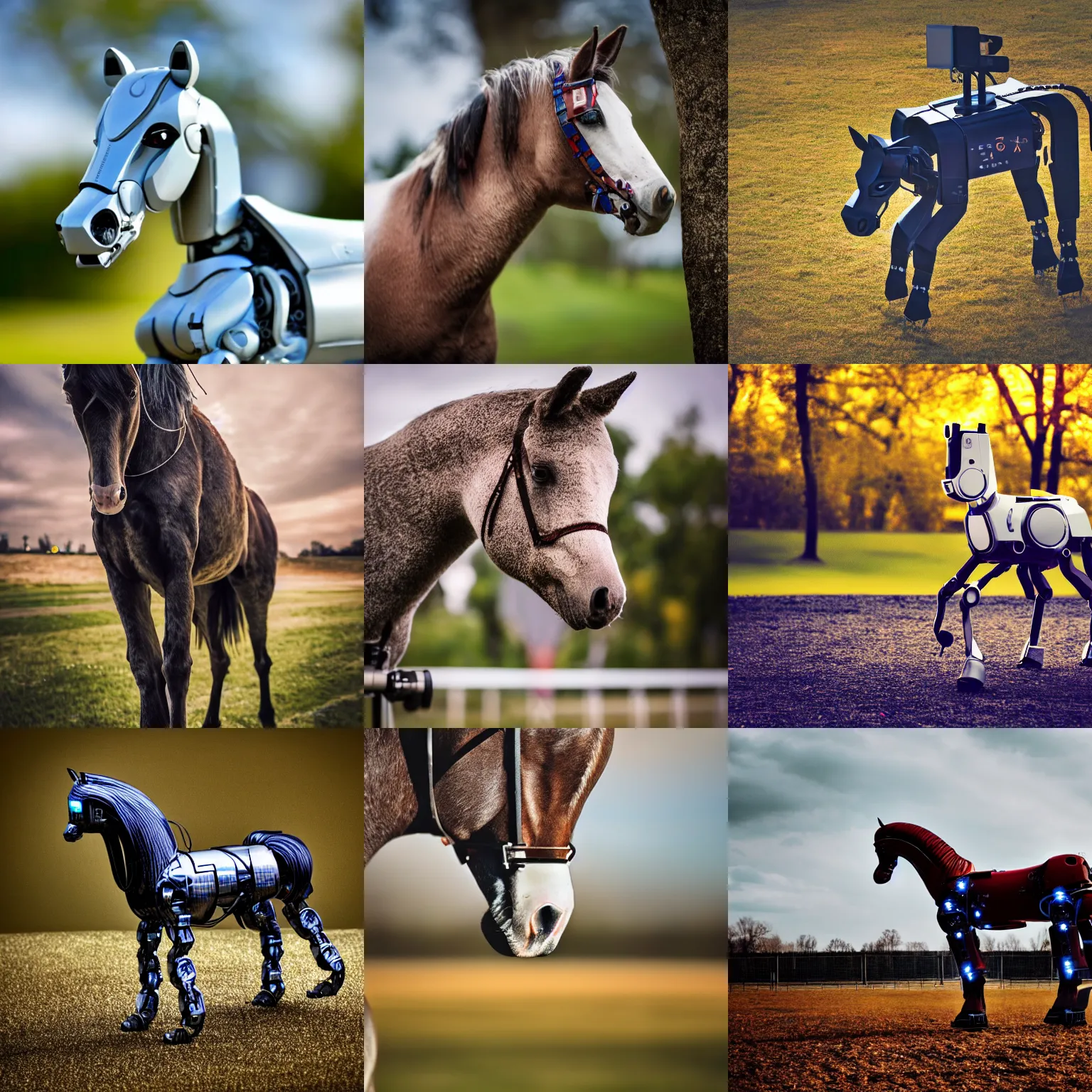 Prompt: a half-robotic horse, high quality photography, telephoto, bokeh